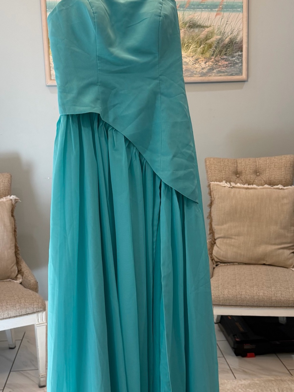 Asymmetrical Strapless Evening Dress in Teal Blue